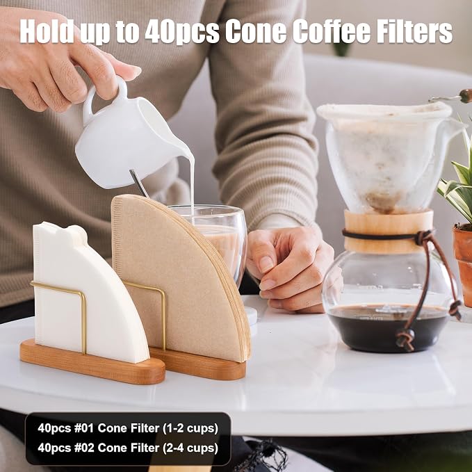 Cone Coffee Filter Holder, Stand Coffee Filter Storage, Coffee Filter Container for V60 Paper Coffee Filters Size #01 and #02, Cherry Wood & Brass