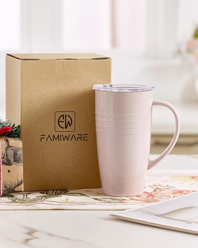 famiware Jupiter Large Coffee Mug, 20oz Coffee Mug with Lid, Ceramic Mugs Set of 2, Cup Set with Handle for Latte, Tea, Cocoa, Milk, Microwave and Dishwasher Safe, Light Pink and Vanilla White