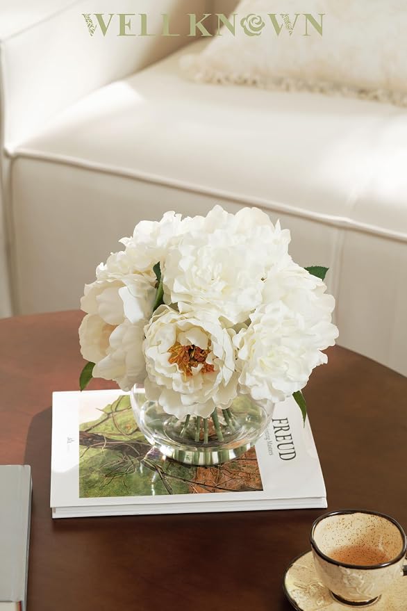 WELL KNOWN Artificial Flowers in Vase, Silk White Peonies Flowers with Glass Vase & Faux Water, Fake Flower Arrangement for Home Table Centerpieces Spring Wedding Party Decor Mom's Birthday Gift