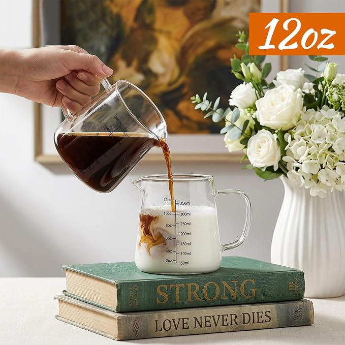 2 Pack 12 oz Coffee Measuring Glass Cups, Espresso Cups, Espresso Accessories, Expresso Shots Cup, Heat-resistant Glass Measuring Cup, Milk Frothing Pitcher, Frother Cup, Creamer Container, Microwave