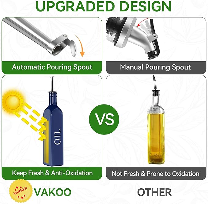 Vakoo Oil and Vinegar Dispenser Set - 17oz/500ml, Extra Thick Glass, Leak-Proof, Olive Oil Dispenser Bottle for Kitchen (Blue Black)