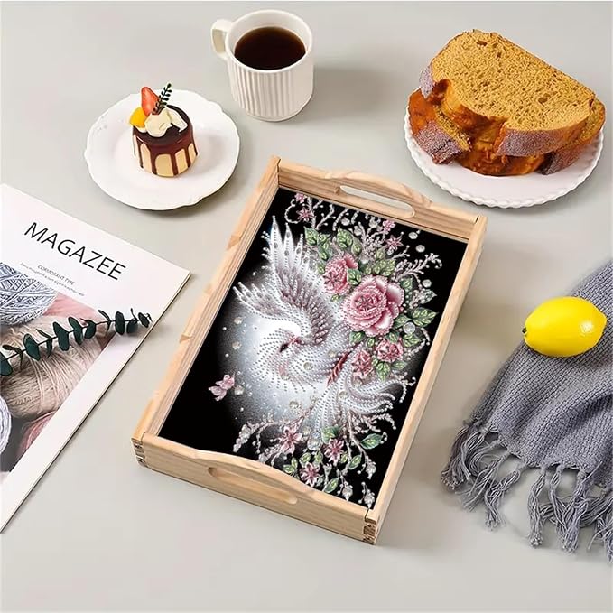 DIY Diamond Serving Tray with Handle Handmade Diamond Art Painting Wooden Rectangular Breakfast Tray for Dinner Plate Coffee Room Living Home Organizer-Bird