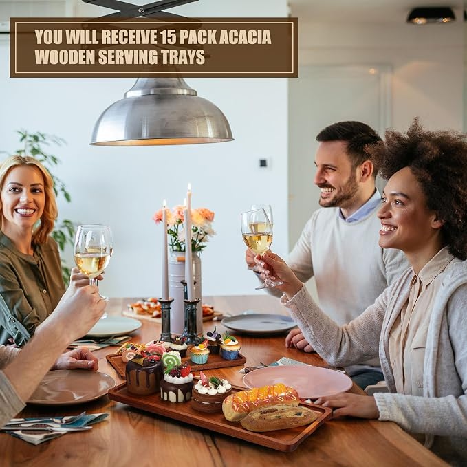 Skylety 15 Pack Solid Wood Serving Tray Large Acacia Party Server Platter Rectangular Charcuterie Board with Grooved Handle for Home kitchen Cheese Appetizer Farmhouse Table Supplies (16.7 x 6.4 Inch)