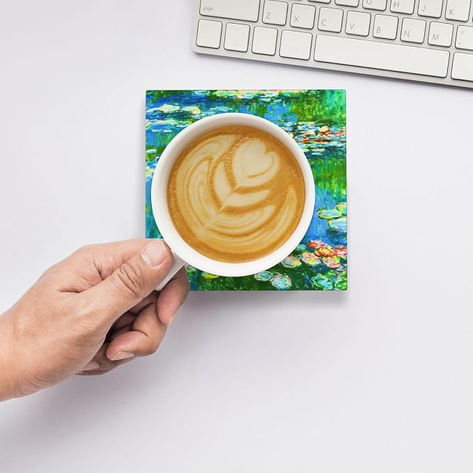 Drinks Absorbent Coasters with Holder Set of 6, Coffee Table Decor, Ceramic Stone Coaster with Cork Base Tabletop Protection Mat for Mugs and Cups,Office,Kitchen (Monet Water Lilies 2)