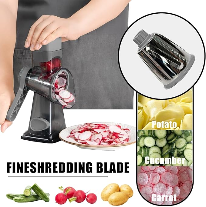 Cheese Grater Hand Crank, Stainless Steel Cheese Shredder with Strong Suction Base, Rotary Grater for Carrots, Potatoes, Vegetables and Fruits, Easy to Clean