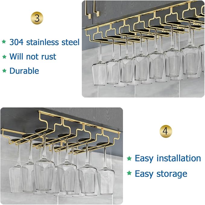 SAGIDAR Hanging Wine Glasses Metal Rack, Wine Glass Rack Under Cabinet, Stainless Steel Stemware Rack, Width 18/22.5/28cm, Sturdy and Durable, Long Stem Glass Holders