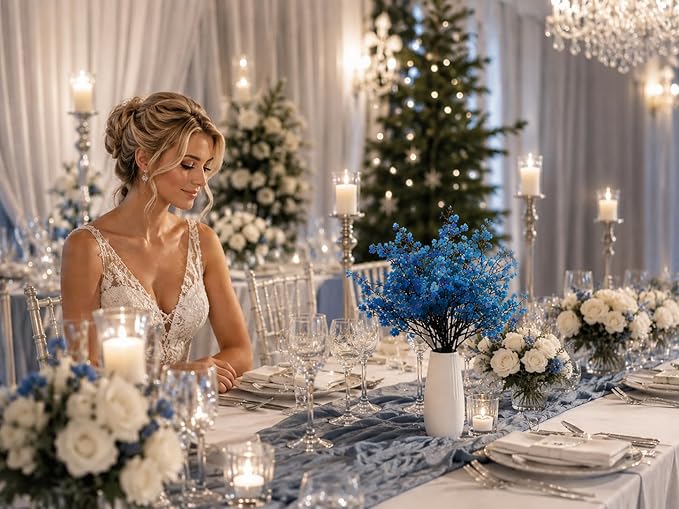 Mandy's Royal Blue Artificial Baby’s Breath Flowers 6 Bundles Silk Gypsophila, 18.5 Inch European Style Modern Home Decor Centerpiece, Neutral Wedding Flower Arrangements