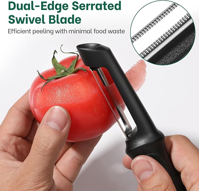 Beneno Serrated Swivel Vegetable Peeler for Kitchen | Razor-Sharp Stainless Steel Serrated Blade, Soft Grip Handle, Dishwasher Safe, Ideal for Tomatoes, Peaches & Kiwis, Black