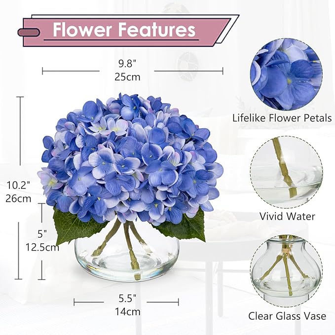 Hollyone Blue Hydrangea Artificial Flowers with Vase Silk Blue Hydrangeas Fake Flowers Arrangements Floral Bulk Bouquet in Glass Vase with Faux Water for Bathroom Table Centerpiece Home Decorations