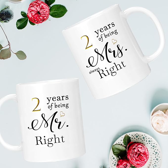 2nd Anniversary Coffee Mugs Set of 2, 2 Year Anniversary Wedding Gifts Decorations for Couple Parents Men Women Husband Wife Him Her, Gift Box Packaging, 11oz