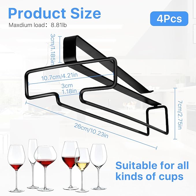 4 Pcs 10 Inch Wine Glass Rack Under Shelf, Stemware Holder for Bar, Kitchen, Pub (Black)