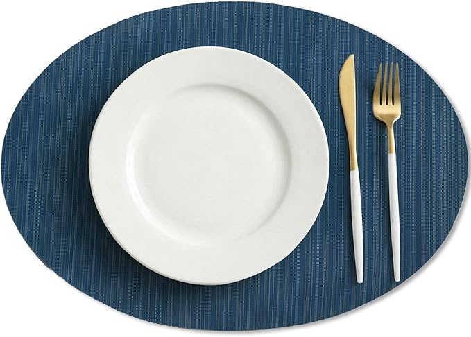 AHHFSMEI Oval Placemats Set of 6 Woven Vinyl Non-Slip Heat Resistant Stain Resistant Easy Clean Place mats for Dining Table(Blue)
