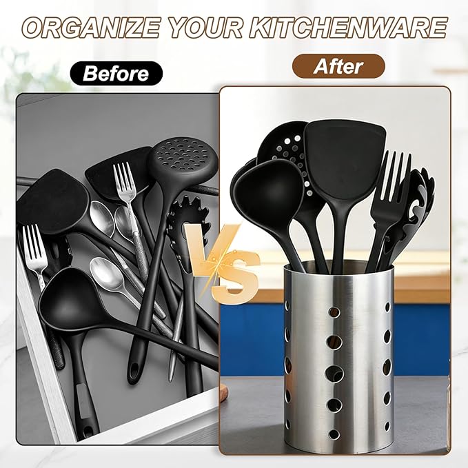 uxcell Kitchen Utensil Holder, 3.9x5.5 Stainless Steel Utensil Cutlery Holder Round Flatware Organizer with Drain Hole for Kitchen Restaurant Countertop Straw, Spoon, Chopstick, Gold