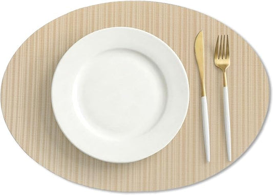 AHHFSMEI Oval Placemats Set of 6 Woven Vinyl Non-Slip Heat Resistant Stain Resistant Easy Clean Place mats for Dining Table(Light Brown)