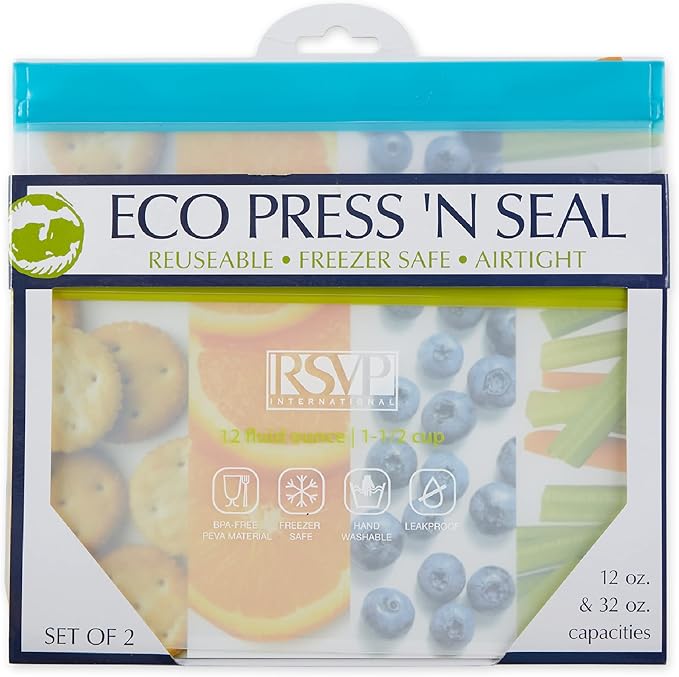 RSVP International Reusable Food Storage Collection ECO Seal Bags, Press-N-Seal, Blue/Green