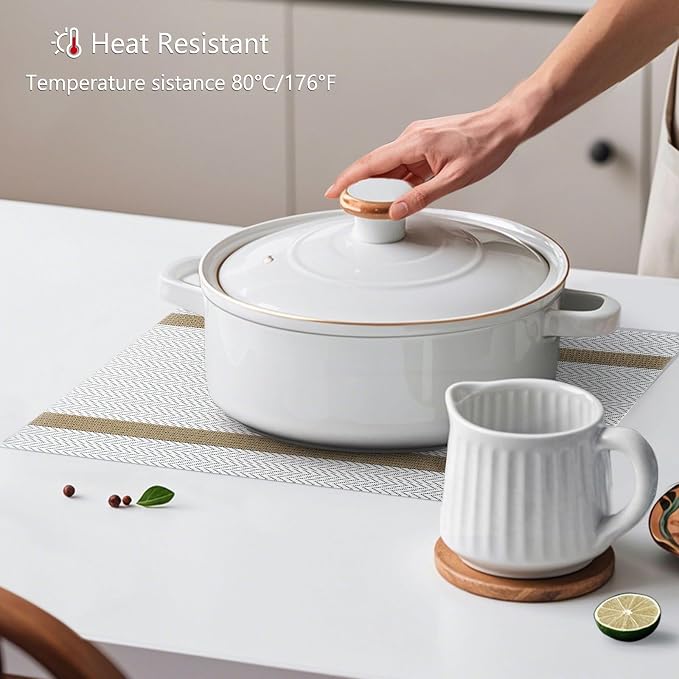 AHHFSMEI Placemats Set of 8 Washable Woven Vinyl Placemats for Dining Table Heat Resistant Non-Slip Stain Resistant Table Mats for Kitchen & Home Decor(White Wave Stripe,8)