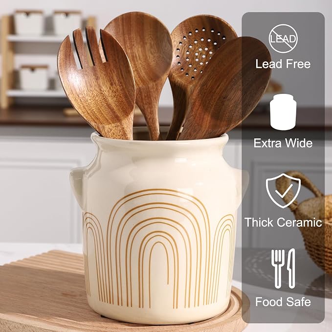 Ceramic Farmhouse Kitchen Utensil Holder for Countertop, Rustic Cooking Utensil Holder Crock Fit for Kitchen Counter. Arch Pattern 5.3 x 5.3 x 6.8 IN