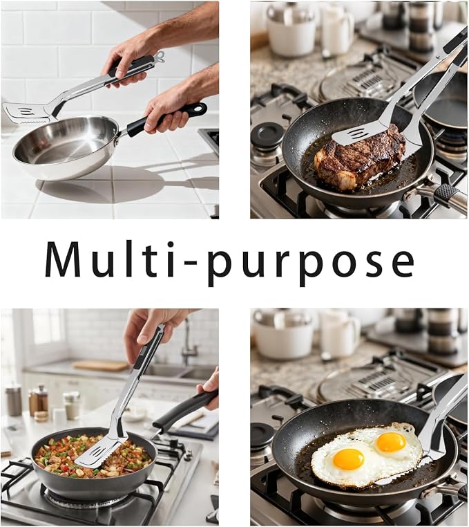 13.5-inch Stainless Steel Tongs for Cooking – Versatile Metal Spatula Tongs for Flipping, Picking Up, Cutting, and Stir-Frying Meats and Other Foods. Kitchen Tongs Durable and Multifunctional.(Black)