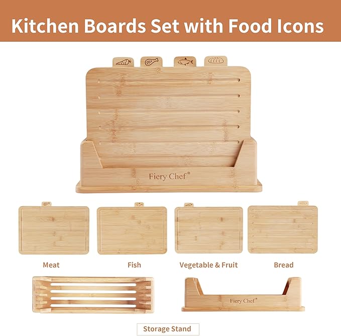 Fiery Chef 12.6"L x 9"W Bamboo Cutting Board Set of 4 - Wood Cutting Board Set with Holder, Chopping Boards Set with Food Icons, Juice Groove - Ideal for Meat, Fish, Bread, Vegetable, Fruit Chopping