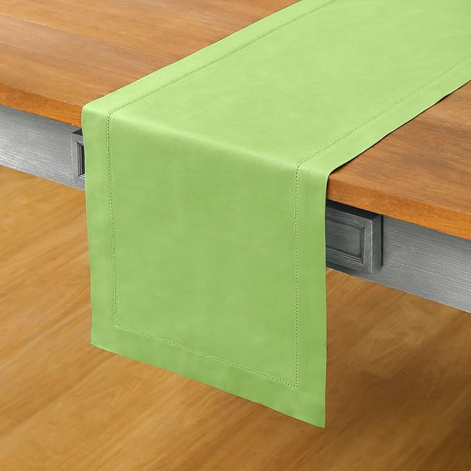 Solino Home Cotton Linen Table Runner 120 Inches Long - Hemstitch Apple Green Dining Table Runner 14 x 120 Inch for Spring, Summer