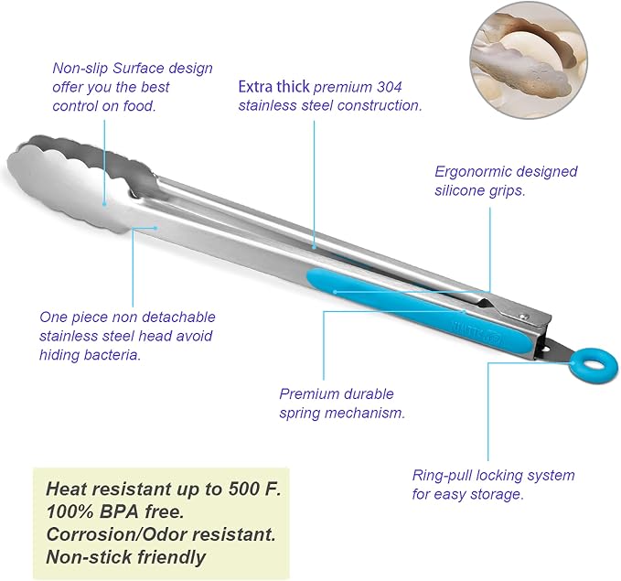 304 Stainless Steel Kitchen Cooking Tongs,9" and 12" Set of 4 Sturdy Grilling Barbeque Brushed Locking Food Tongs with Ergonomic Grip, Blue
