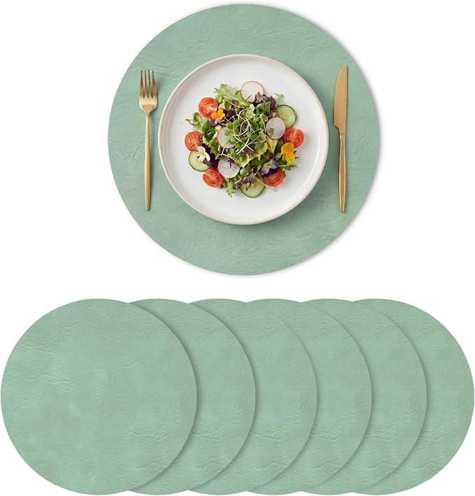 Artoid Mode Sage Faux Leather Placemats Set of 6, 15 Inch Waterproof Wipeable Heat Resistant Vinyl Place Mats, Reversible Table Mats for Spring Kitchen Dining Decor