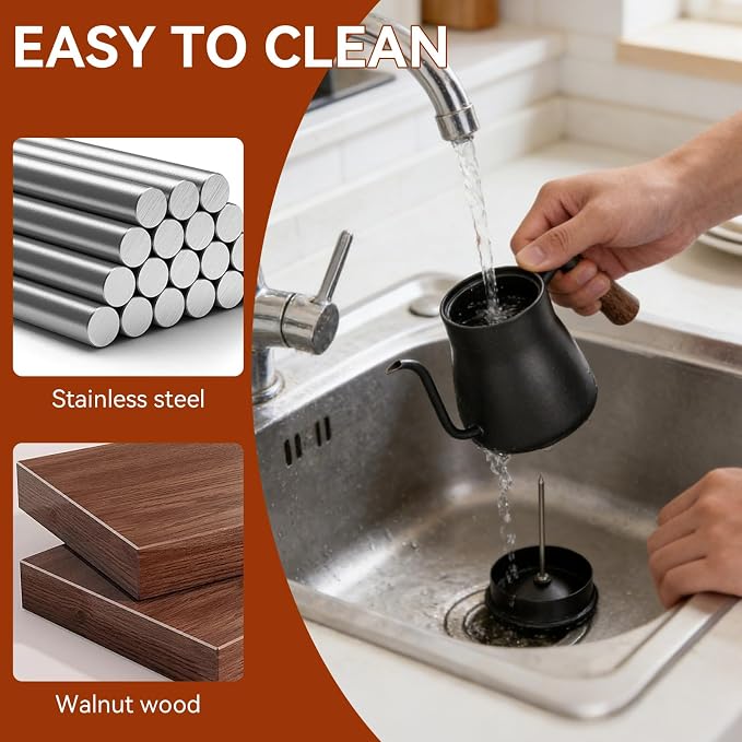Pour over Coffee Kettle with Thermometer, 850ml Goose Neck Kettle Pot Induction Kettle Stovetop Stainless Steel Gooseneck Kettle with Wood Handle