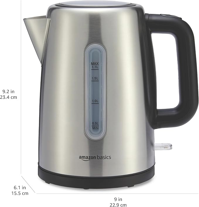 Amazon Basics Electric Stainless Steel Kettle for Tea and Coffee, BPA-Free, Fast Boiling, Auto Shut-Off, Boil-Dry Protection, 1.7 Liter, 1500W, Black and Silver