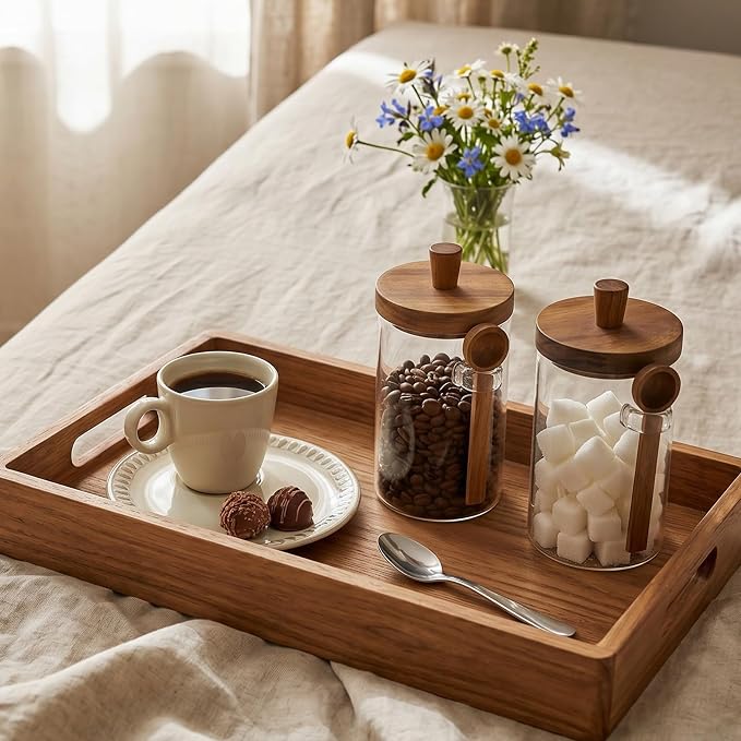 Remerry Set of 4 Glass Jar with Wooden Lid and Spoon, Clear Airtight Spice Canisters Glass Food Storage Kitchen Containers Set for Coffee Bean Tea Sugar (30 oz)