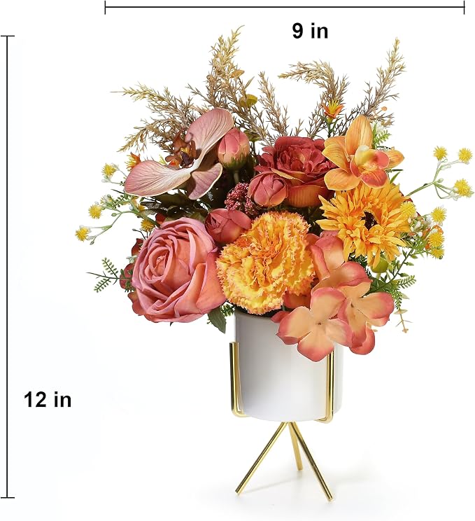Artificial Flower Arrangement with Ceramic Vase and Gold Metal Stand, Orange and Terracotta Mixed Seasonal Flowers, 12x9 Inches, Silk, Dining Room Centerpiece