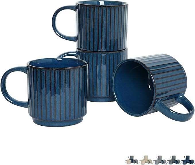 Bosmarlin Stackable Ceramic Coffee Mug Set of 4, 16 Oz, Coffee Cups, Microwave Safe, Unique Reactive Glaze (Prussian Blue, 16 Oz)