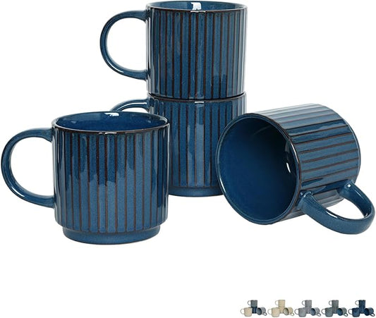 Bosmarlin Stackable Ceramic Coffee Mug Set of 4, 16 Oz, Coffee Cups, Microwave Safe, Unique Reactive Glaze (Prussian Blue, 16 Oz)