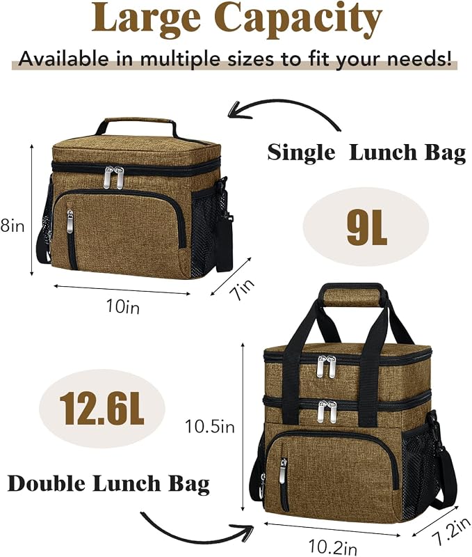 Insulated Lunch Bag for Men & Women, 9L Leakproof Lunch Box Soft Cooler Tote with 5 Pockets, 600D Oxford, EVA Lining, Adjustable Strap for Work, Picnic, Beach&Travel-Coffee