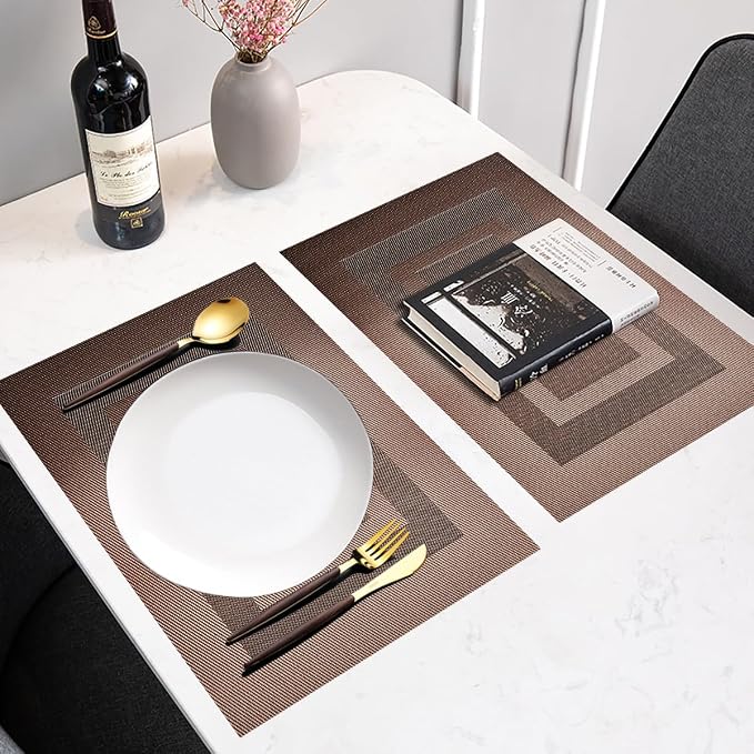 PIGCHCY Placemats Set of 6,Washable Woven Vinyl Kitchen Table Mats Non Slip Durable Placemats Heat Resistant Placemats for Dining Table(Coffee Brown)