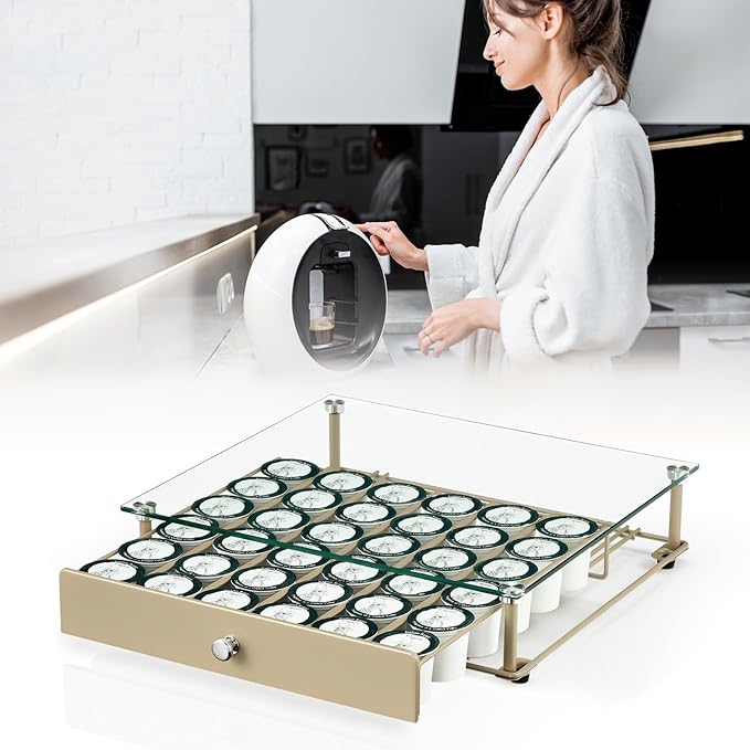 Coffee Pod Holder With Tempered Glass Top Drawer - Compatible With K Cup Pods, Holds 36 - Storage Organizer for Shop, Office, Kitchen Counter 14 13 3 in