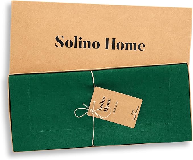 Solino Home Linen Table Runner 60 Inches - 100% Pure Linen Christmas Green Table Runner 14 x 60 Inch Ideal for Dresser and Coffee Tables - Fete