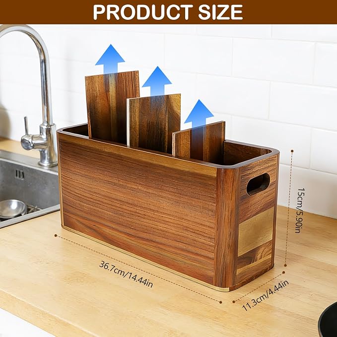 Large 4-Compartment Acacia Wooden Utensil Holder, Rustic Kitchen Counter Organizer, Extra Large Wood Storage Container for Cooking Utensils and Silverware
