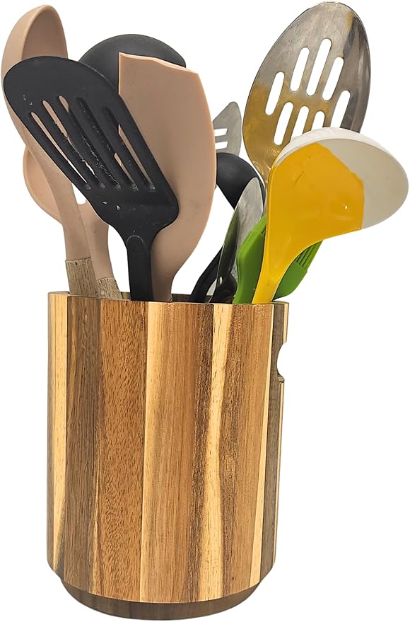 Acacia Wood Utensil Holder for Kitchen Counter, Large 360° Rotating Wooden Utensil Crock Organizer with Divider, Farmhouse Cooking Utensil Holder for Countertop