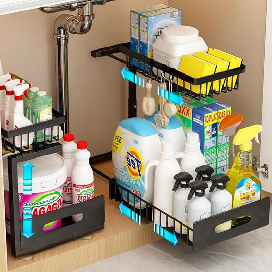 Adoymiro Under Sink Organizer, Adjustable Shelves, 2 Pack Pull Out Cabinet Organizer Slide Out Sink Shelf Cabinet Storage Shelves, Under Sink Storage for Kitchen Bathroom Cabinet