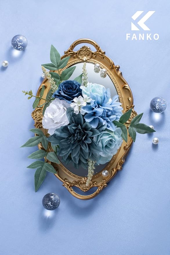 FANKO Artificial Flowers for DIY, Blue White Faux Flowers Bouquet, Fake Flowers with Roses Dahlia Daisy Silk Flowers for Vase, Home Decor, Wedding Centerpiece, Floral Arrangement Décor