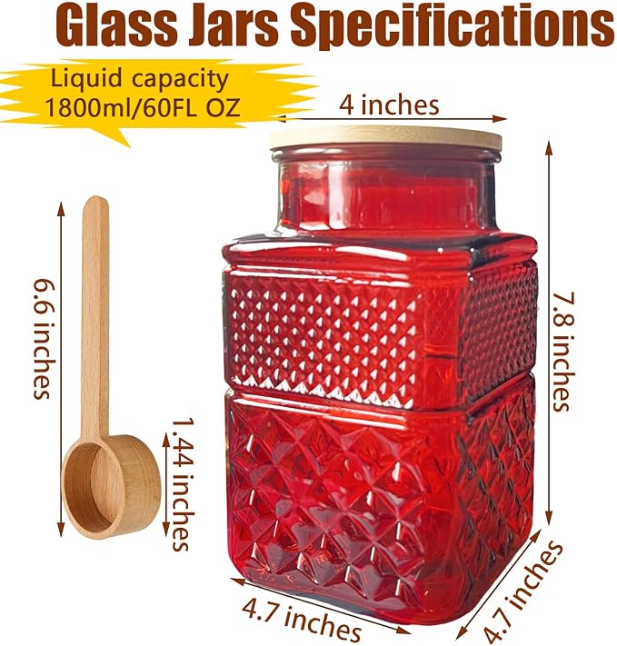 Viovian 60oz Red Glass Jar with Lid and Spoon Square Glass Storage Jars,Vintage Coffee Canister Decorative Glass Container for Food Nuts Sugar
