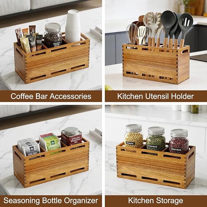 Extra Large Acacia Wood Utensil Holder for Kitchen Counter Decor Rustic Wooden Spatula Holders Cooking Utensils Organizer Countertop Silverware Caddy Spoon Kitchen Tool Holder Farmhouse Utensil Crock