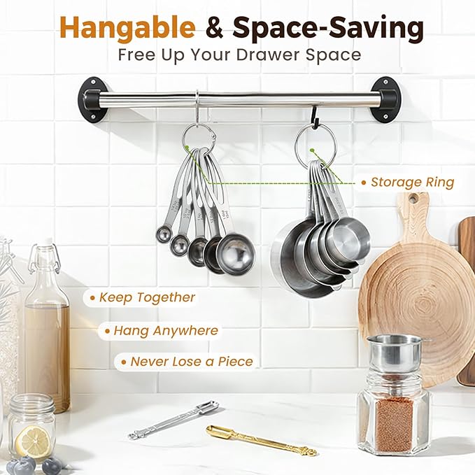 13PCS Stainless Steel Measuring Cups and Spoons Set with Funnel, Stackable Metal Measuring Cup and Spoon Set for Baking Cooking, Dishwasher Safe Kitchen Tools with for Dry & Liquid Ingredients
