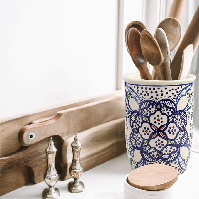 wm Tunis Utensil Caddy - Utensil Crock Utensil Organizer - Ceramic Utensil Holder Large Sturdy Hand Crafted and Painted Blue and white North African Design - Kitchen Cooking Utensil Holders