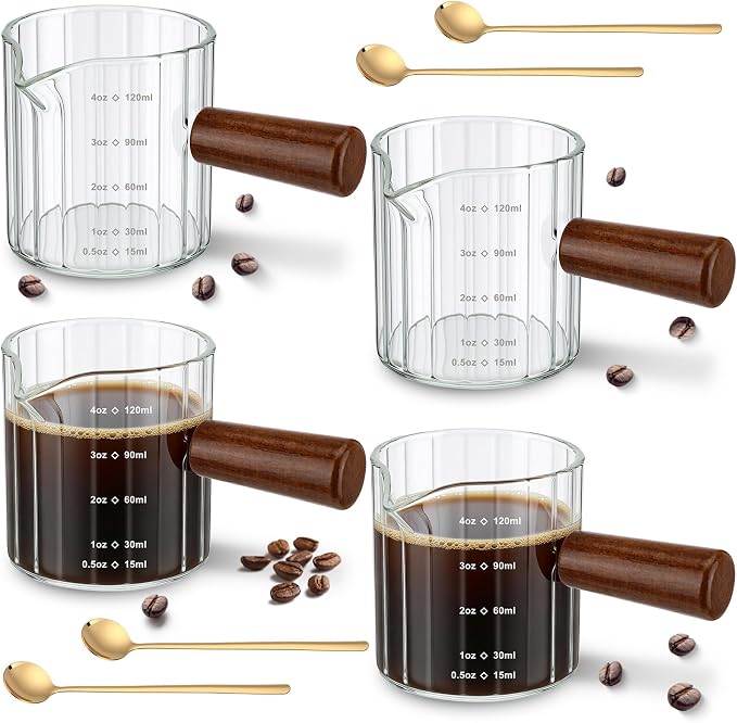 Espresso Cups Set of 4 with 4 Gold Spoons, 4 oz Espresso Shot Glasses with Wood Handle, V-shaped Spouts Cups, Milk Frothing Pitcher, Coffee Bar Accessories, Gift Set for Coffee Lovers(Clear)