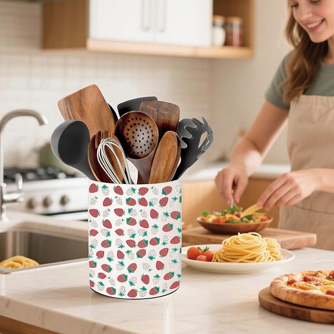 Strawberry Kitchen Decor, Ceramic Utensil Holder Strawberry Decor, 6.5 Inch Farmhouse Indoor Kitchen Decorative Utensil Rack For Spoon Storage And Cooking Tools