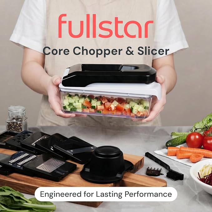 Fullstar Core Vegetable Chopper - Chop and Slice Lid - Food Chopper with Container, Veggie Chopper, Fruit Slicer, Onion Dicer - Meal Prep Essential - Kitchen Gadgets and Gifts (9-in-1, White/Black)