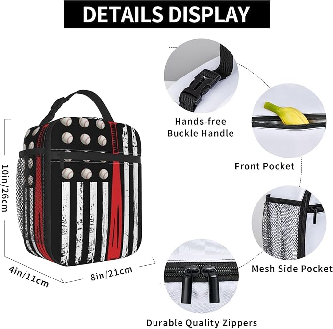 Gianlaima American Usa Flag Baseball Insulated Lunch Box For Women And Man, Portable Lunch Bags Reusable Cooler Tote For Office Work Travel Picnic Camping Beach