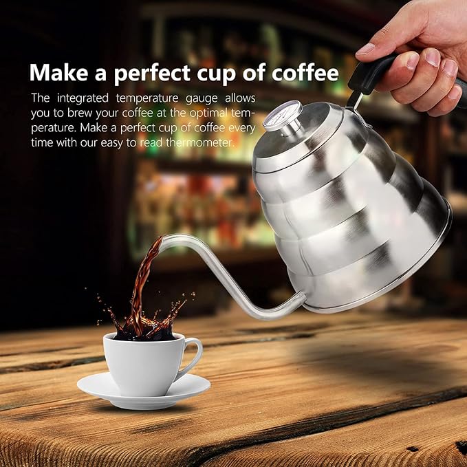 Premium 304 Stainless Steel Pour Over Coffee Gooseneck Kettle Teapot with Thermometer 1L 1.2L Capacity Beehive Design (1.2L)