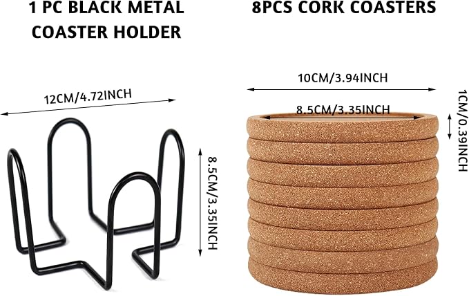 Cork Coasters for Drinks Set of 8 with Holder, Absorbent Round Coasters with Lip, Heat Resistant and Table Protective, 4'' Diameter Suitable for Most Cups, Perfect for Home & Office, Housewarming Gift